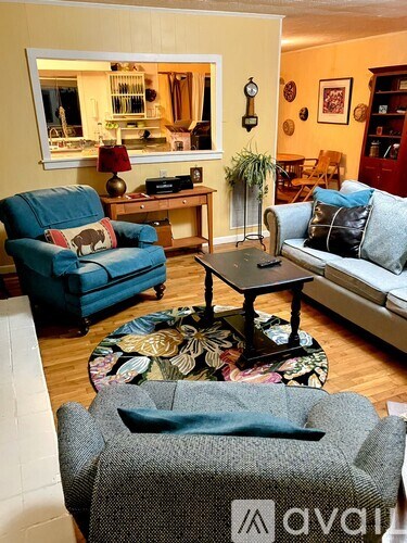 A living room with a grey sofa and a blue armchair.