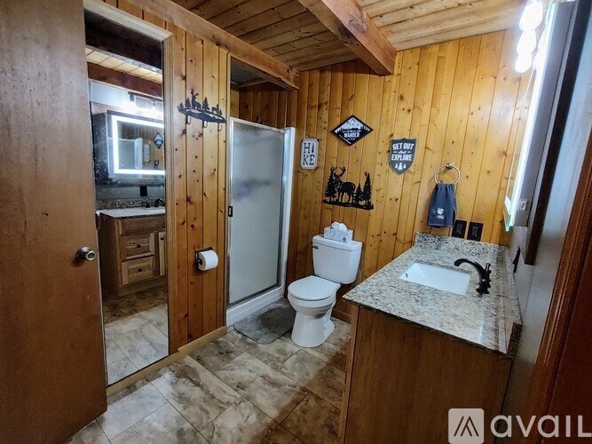 A bathroom with a toilet, sink, and a mirror.