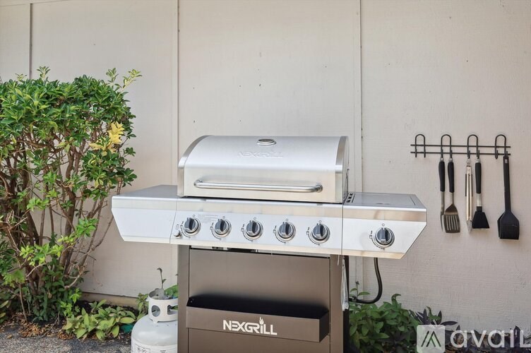 A NexGrill outdoor grill is shown with a gas tank beside it.