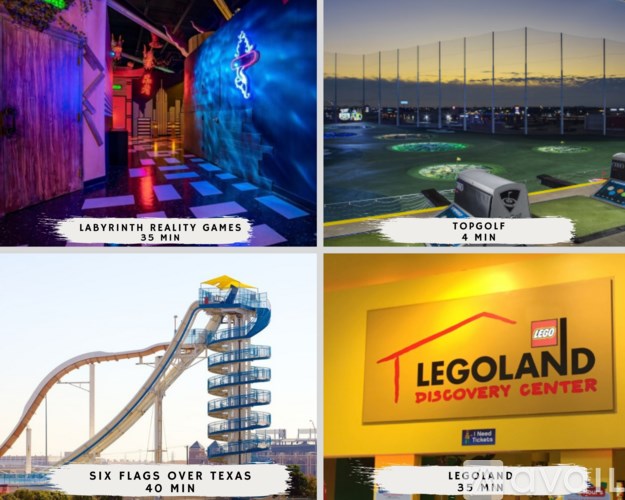 A collage of four images showcasing different attractions including a virtual reality game, a golf simulator, a roller coaster, and a sign for the Legoland Discovery Center.