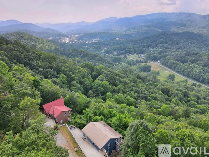 A red building sits in the middle of a lush green forest.