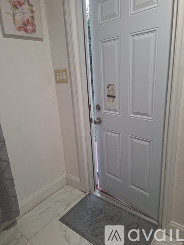 A white door with a mat in front of it.