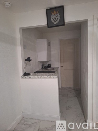 A bathroom with a marble countertop and a framed picture of a lion's head above it.