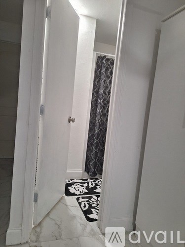 A hallway with a door and a patterned rug.