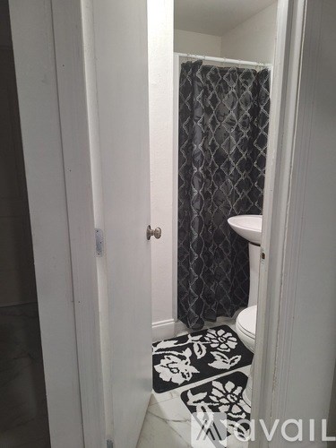 A bathroom with a black and white rug on the floor.