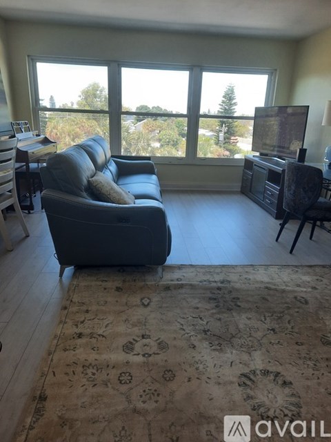 A living room with a grey couch and a rug with a pattern on it.