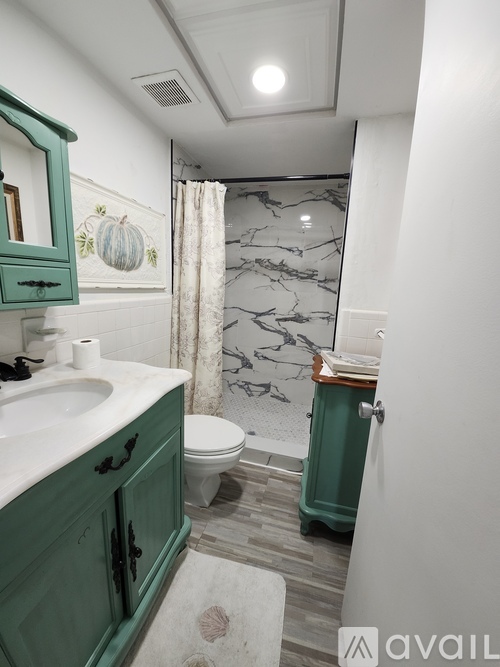 A bathroom with green cabinets and a marble shower.