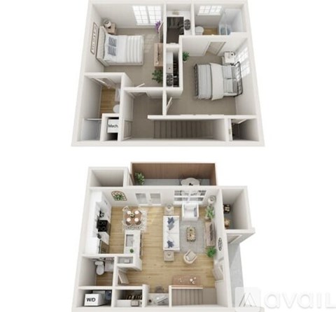 A floor plan of a small apartment with a bedroom, living room, and kitchen.