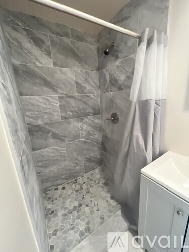 A bathroom with a shower curtain and a toilet.