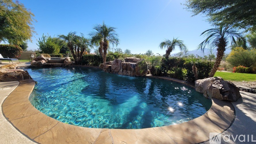 A large swimming pool surrounded by palm trees and rocks.