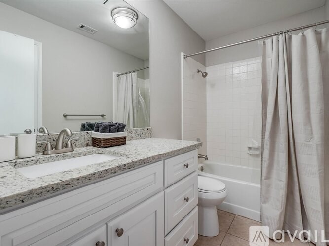 A bathroom with a white toilet, sink, and shower.