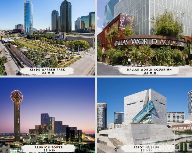 A collage of four images showcasing Klyde Warren Park, Dallas World Aquarium, Reunion Tower, and Perot Museum.