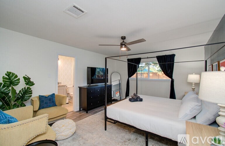 A bedroom with a bed, a couch, a chair, a plant, and a ceiling fan.