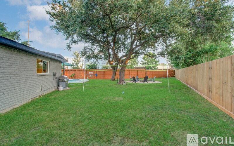 A backyard with a tree, a fence, and a small shed.