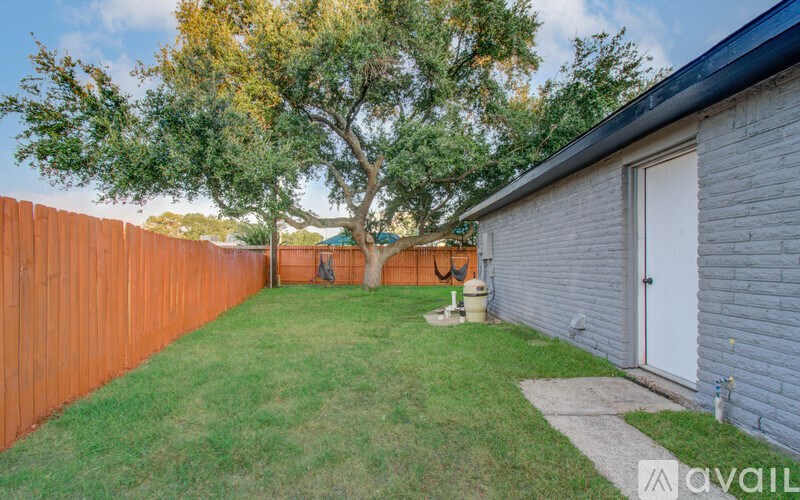 A backyard with a wooden fence and a tree.