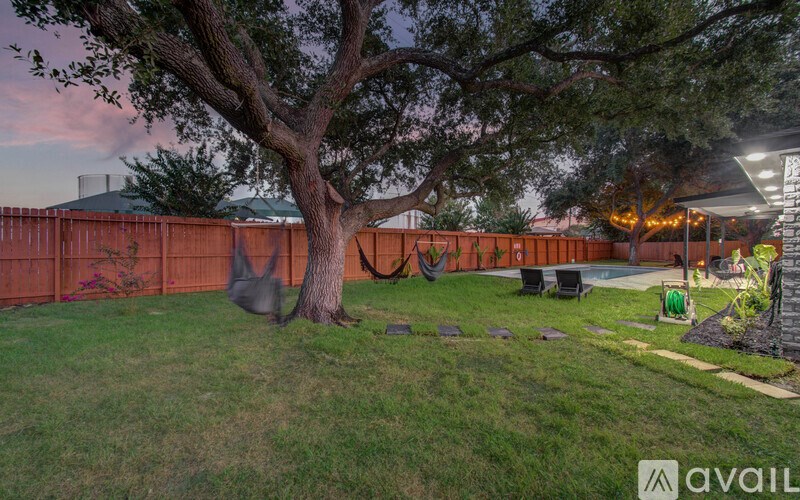 A tree in a yard with a fence in the background.