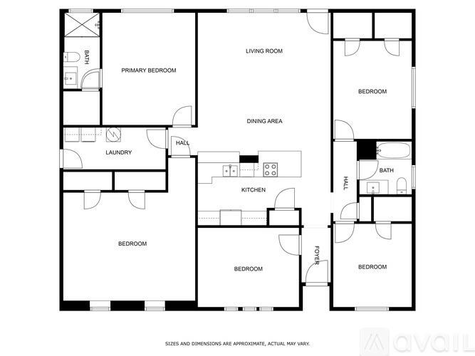 A floor plan of an apartment with a living room, dining area, kitchen, and multiple bedrooms.