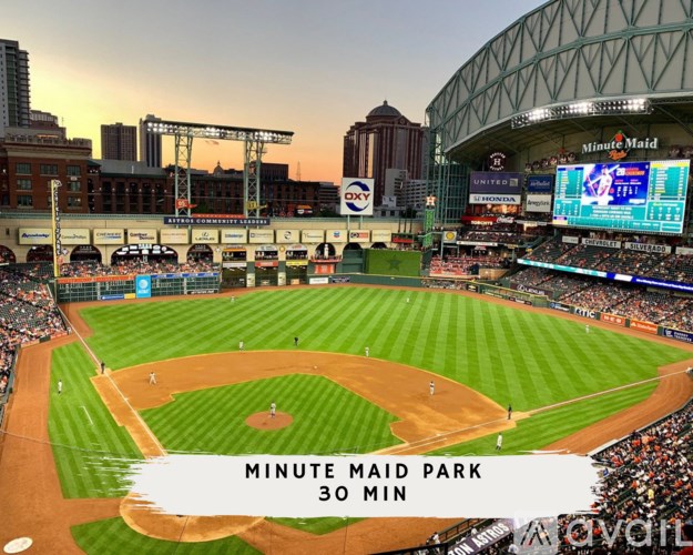 A baseball stadium with the words "Minute Maid Park" and "30 min" on the field.