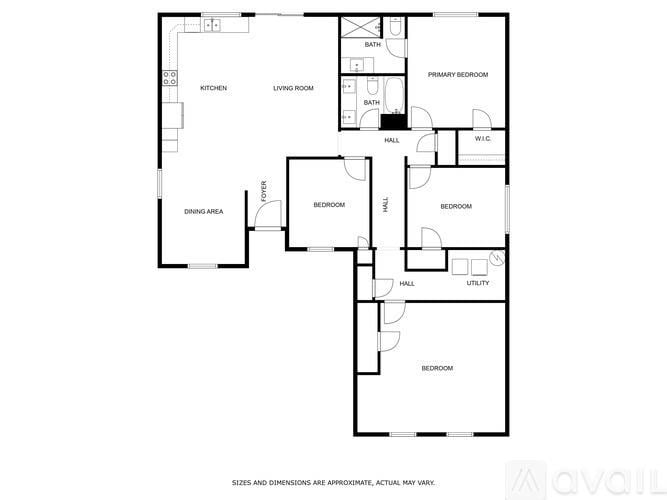 A floor plan of a house with a kitchen, living room, dining area, and four bedrooms.