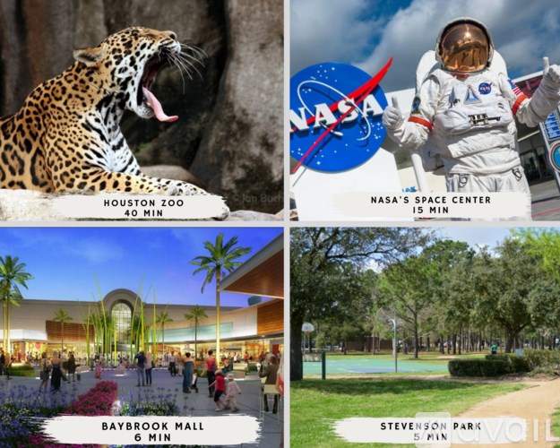 A collage of four images with text overlay indicating the estimated time to visit each location: a leopard, NASA's Space Center, Baybrook Mall, and Stevenson Park.