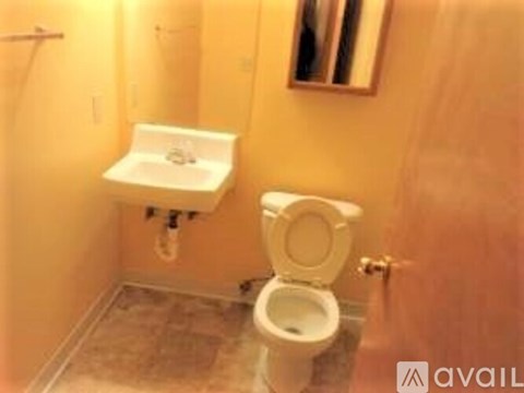 A bathroom with a toilet, sink, and mirror.
