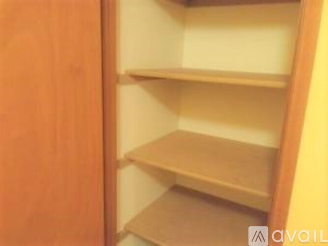 Empty shelves in a wooden cabinet.