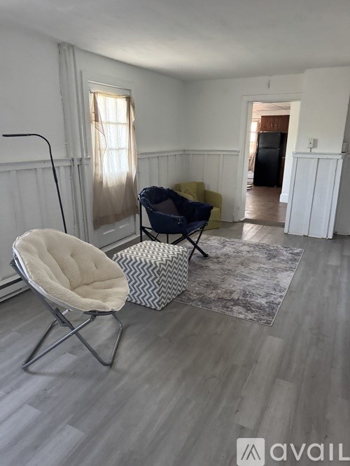 A living room with a chair, ottoman, and rug.