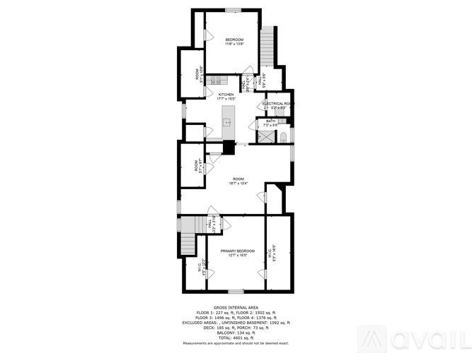 A floor plan of a building with various rooms and measurements.