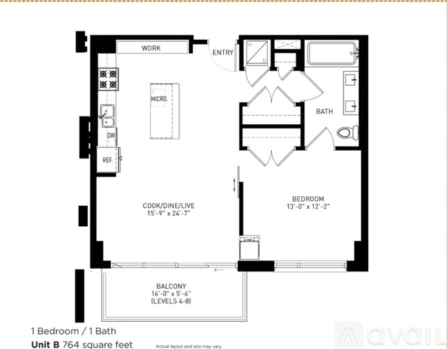 A floor plan of a one bedroom apartment with a bath.