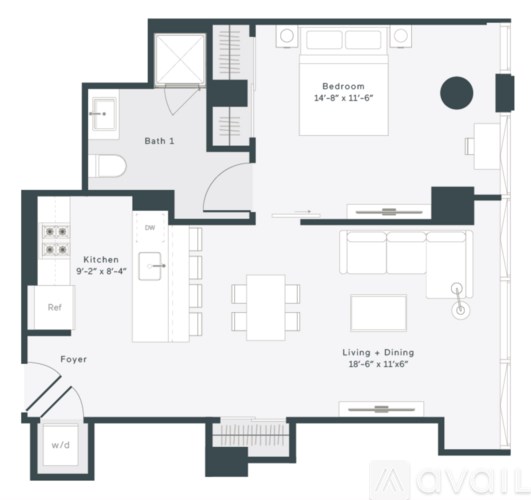 A floor plan of an apartment with a living room, dining room, kitchen, and two bathrooms.
