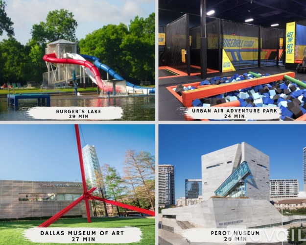 A collage of four images showing a water slide, an indoor trampoline park, a museum, and a modern building.