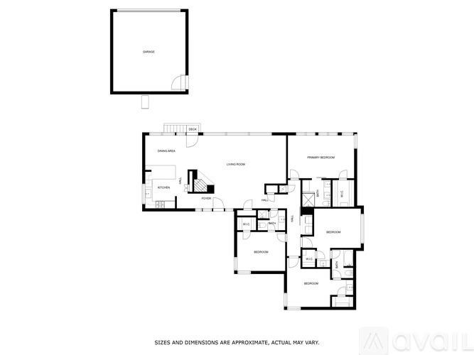 A floor plan of an apartment with a kitchen, living room, and two bedrooms.