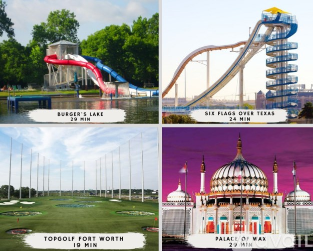 A collage of four images showing a water slide, a roller coaster, a golf course, and a building with the text "Burger's Lake", "Six Flags Over Texas", "Topgolf Fort Worth",