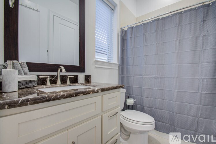 A bathroom with a toilet, sink, and shower curtain.