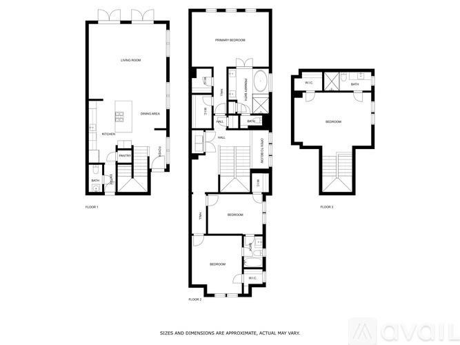 A floor plan of a house with three bedrooms and a living room.