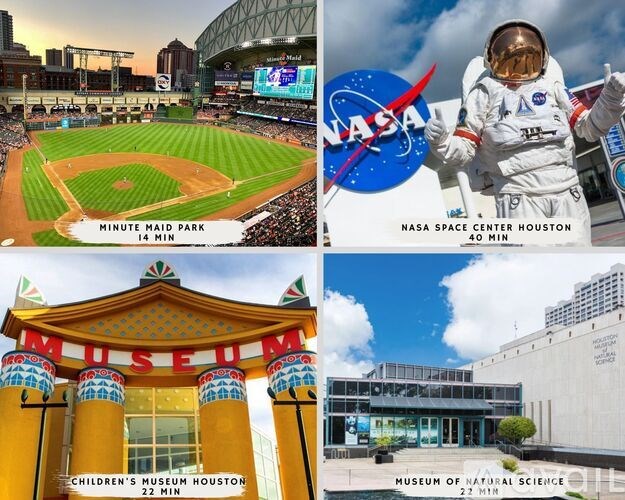A collage of four images, including a baseball stadium, a NASA logo, a museum entrance, and a building with a glass facade.