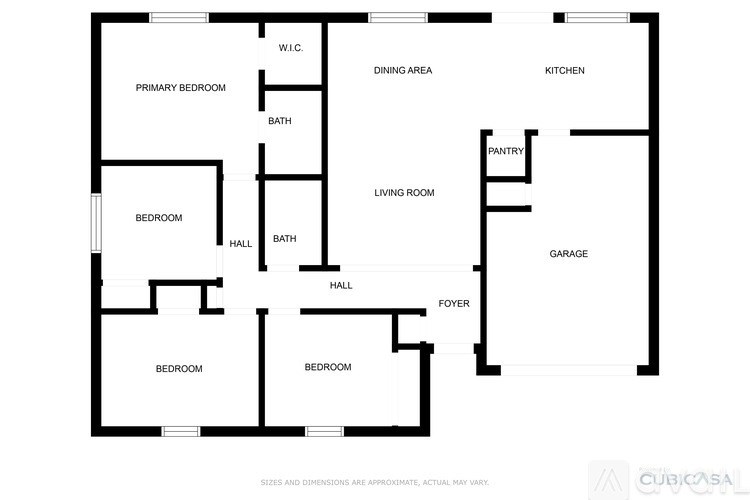 A black and white floor plan of a house with labeled rooms.