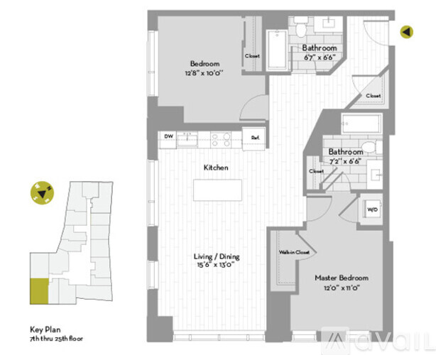 A floor plan of an apartment with a living room, two bedrooms, a kitchen, and bathrooms.