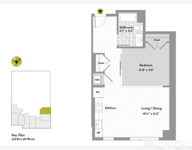 A floor plan of a 3rd floor apartment with a bedroom, living/dining area, and kitchen.