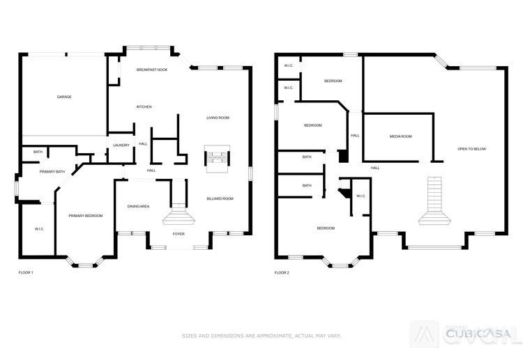 A black and white image of a floor plan for a two-story house.