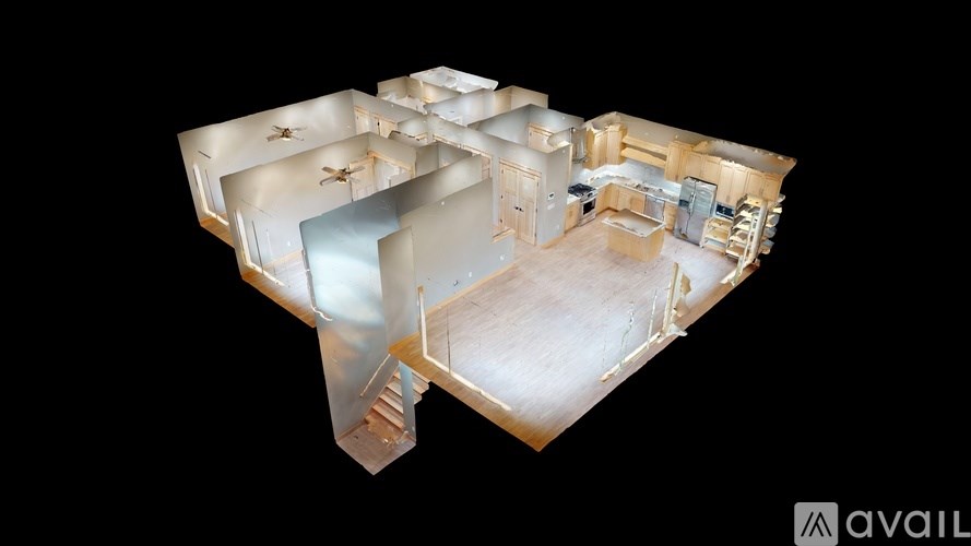 A 3D rendered image of a house interior.