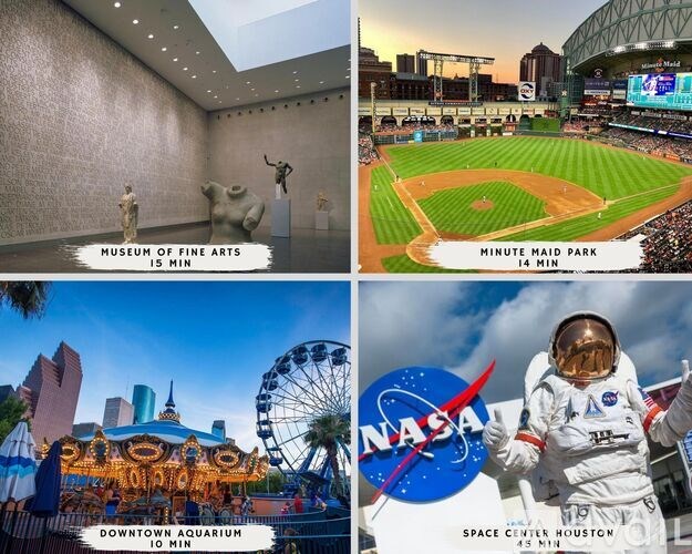 A collage of four images showing a museum, a baseball stadium, a Ferris wheel, and a space center.
