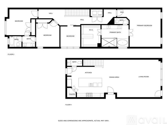 A floor plan of a house with two bedrooms, a living room, a kitchen, a bathroom, and a dining area.