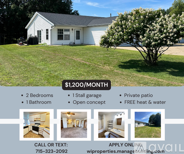 A real estate advertisement for a property with a monthly price of $1,200, featuring two bedrooms, a stall garage, a private patio, free heat and water, and an open concept.