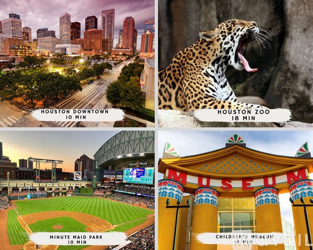 A collage of four images showing a cityscape, a leopard, a baseball field, and a children's museum.