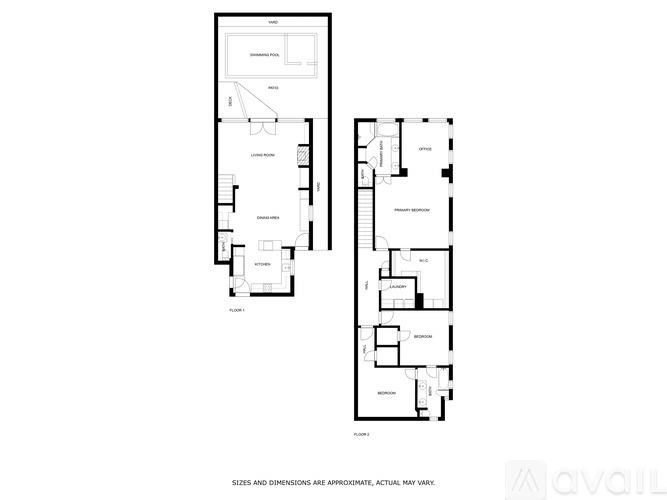 A floor plan of an apartment with a kitchen, living room, and bedrooms.