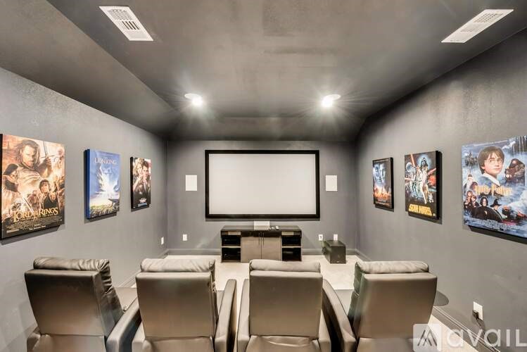 A home theater with a large screen and comfortable seating.