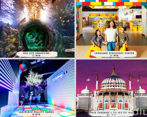 A collage of four images showcasing different attractions including an underwater scene, a LEGOLAND Discovery Center, a virtual reality game, and a model of a palace.