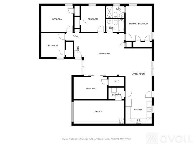 A floor plan of a house with labeled rooms such as Bedroom, Bathroom, Living Room, Kitchen, Dining Area, and Garage.