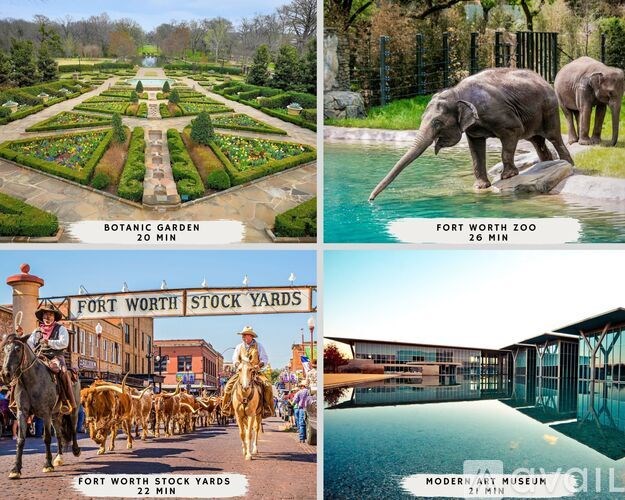 A collage of four images showcasing different attractions in Fort Worth, including a botanic garden, a zoo, a stockyards scene, and a modern art museum.